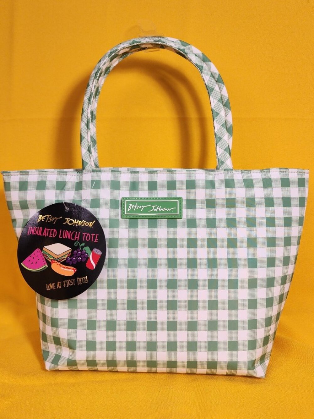 Betsey Johnson Green and White Gingham Insulated Lunch Tote Bag NEW